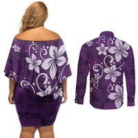 Plumeria Floral Tapa Pattern Amethyst Purple Couples Matching Off Shoulder Short Dress and Long Sleeve Button Shirt LT01 - Polynesian Pride