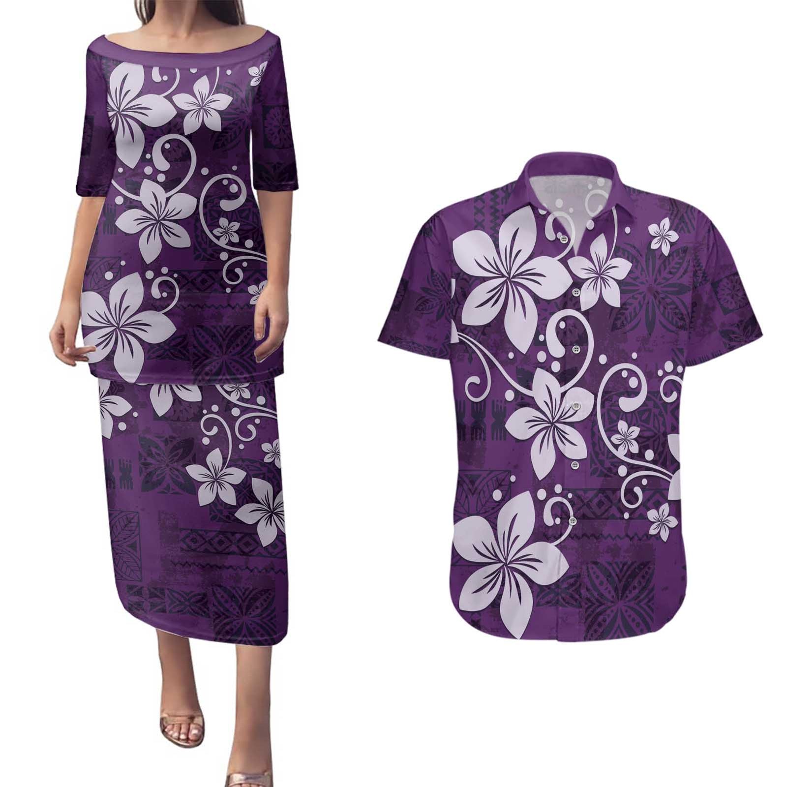 Plumeria Floral Tapa Pattern Amethyst Purple Couples Matching Puletasi and Hawaiian Shirt LT01 Purple - Polynesian Pride