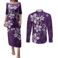 Plumeria Floral Tapa Pattern Amethyst Purple Couples Matching Puletasi and Long Sleeve Button Shirt LT01 Purple - Polynesian Pride