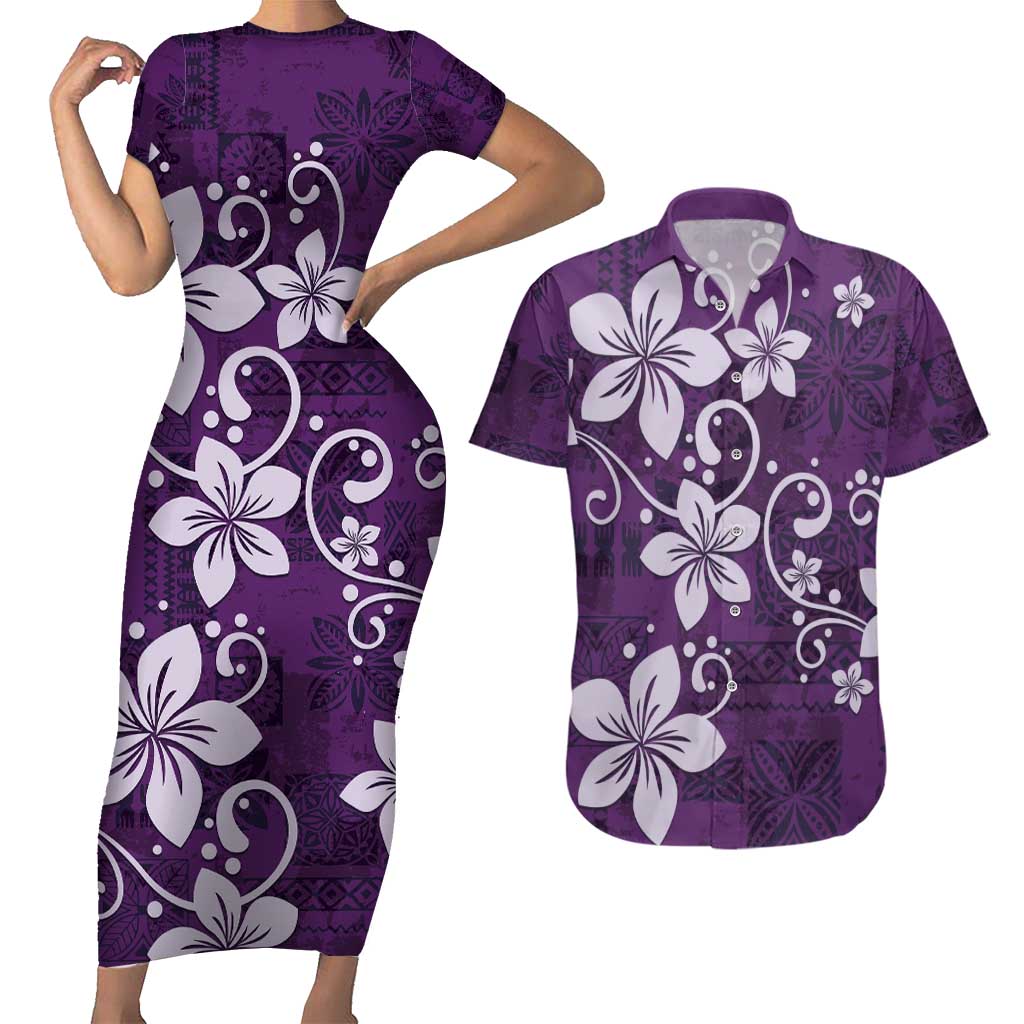 Plumeria Floral Tapa Pattern Amethyst Purple Couples Matching Short Sleeve Bodycon Dress and Hawaiian Shirt