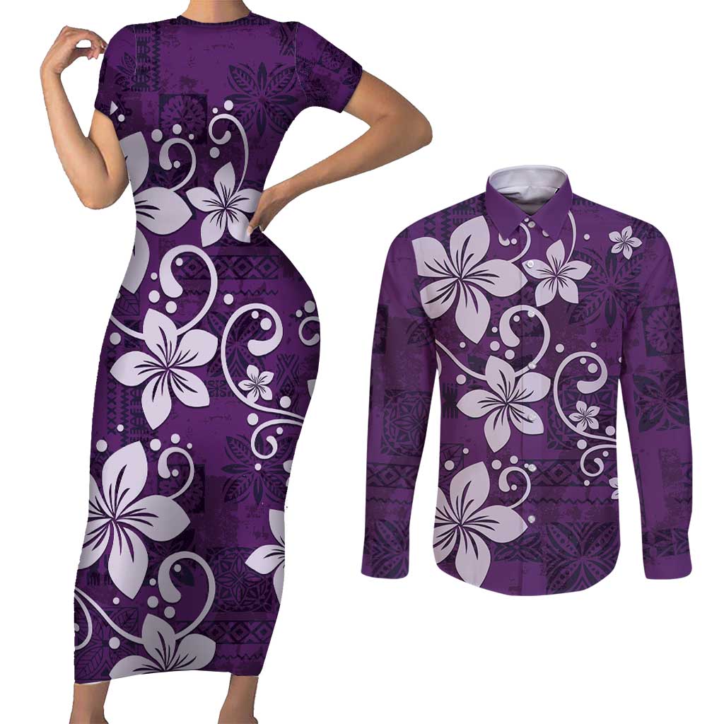Plumeria Floral Tapa Pattern Amethyst Purple Couples Matching Short Sleeve Bodycon Dress and Long Sleeve Button Shirt LT01 Purple - Polynesian Pride