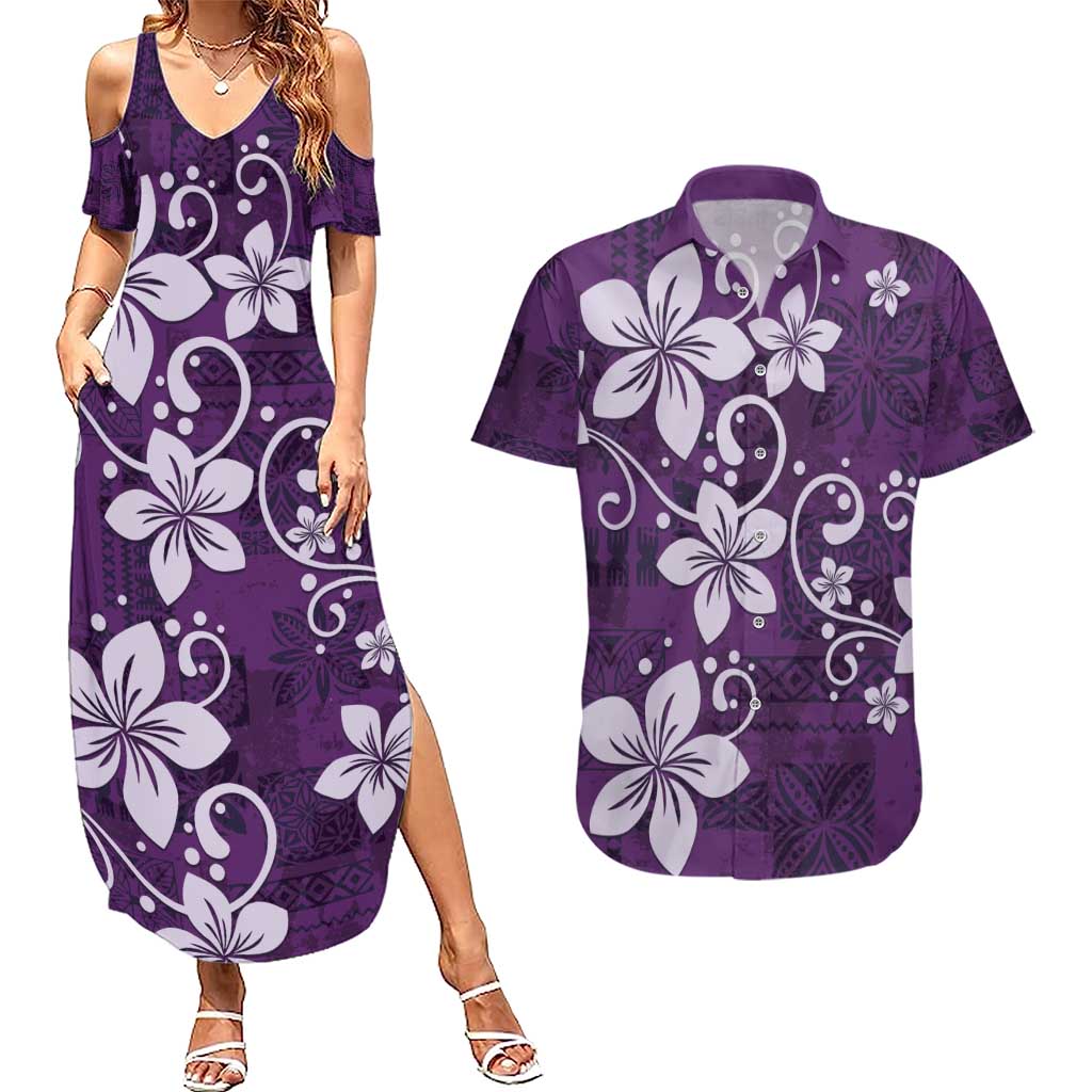 Plumeria Floral Tapa Pattern Amethyst Purple Couples Matching Summer Maxi Dress and Hawaiian Shirt LT01 Purple - Polynesian Pride