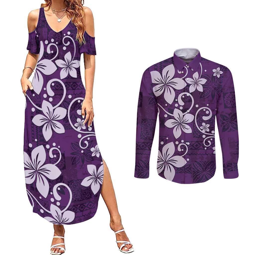 Plumeria Floral Tapa Pattern Amethyst Purple Couples Matching Summer Maxi Dress and Long Sleeve Button Shirt LT01 Purple - Polynesian Pride