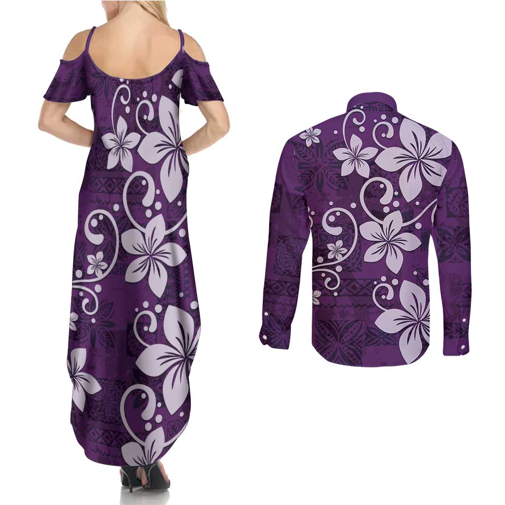 Plumeria Floral Tapa Pattern Amethyst Purple Couples Matching Summer Maxi Dress and Long Sleeve Button Shirt LT01 - Polynesian Pride