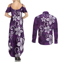 Plumeria Floral Tapa Pattern Amethyst Purple Couples Matching Summer Maxi Dress and Long Sleeve Button Shirt LT01 - Polynesian Pride