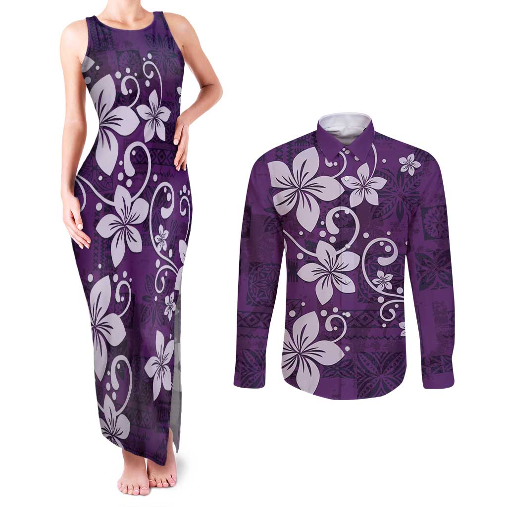 Plumeria Floral Tapa Pattern Amethyst Purple Couples Matching Tank Maxi Dress and Long Sleeve Button Shirt LT01 Purple - Polynesian Pride