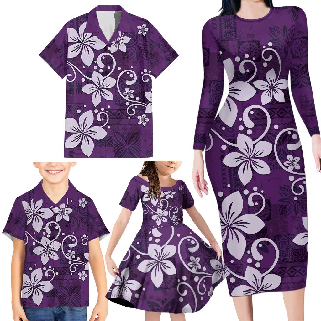 Plumeria Floral Tapa Pattern Amethyst Purple Family Matching Long Sleeve Bodycon Dress and Hawaiian Shirt