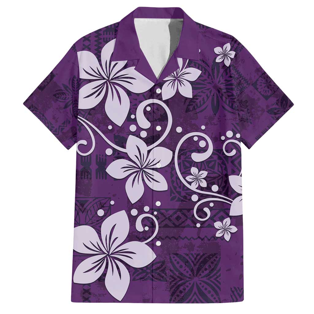 Plumeria Floral Tapa Pattern Amethyst Purple Family Matching Long Sleeve Bodycon Dress and Hawaiian Shirt