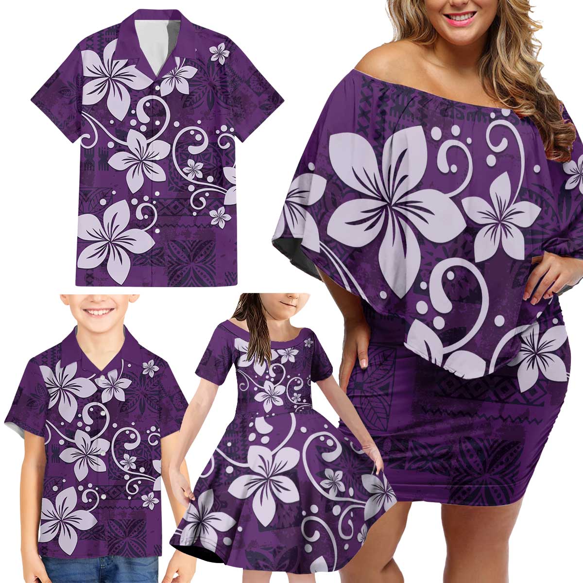 Plumeria Floral Tapa Pattern Amethyst Purple Family Matching Off Shoulder Short Dress and Hawaiian Shirt