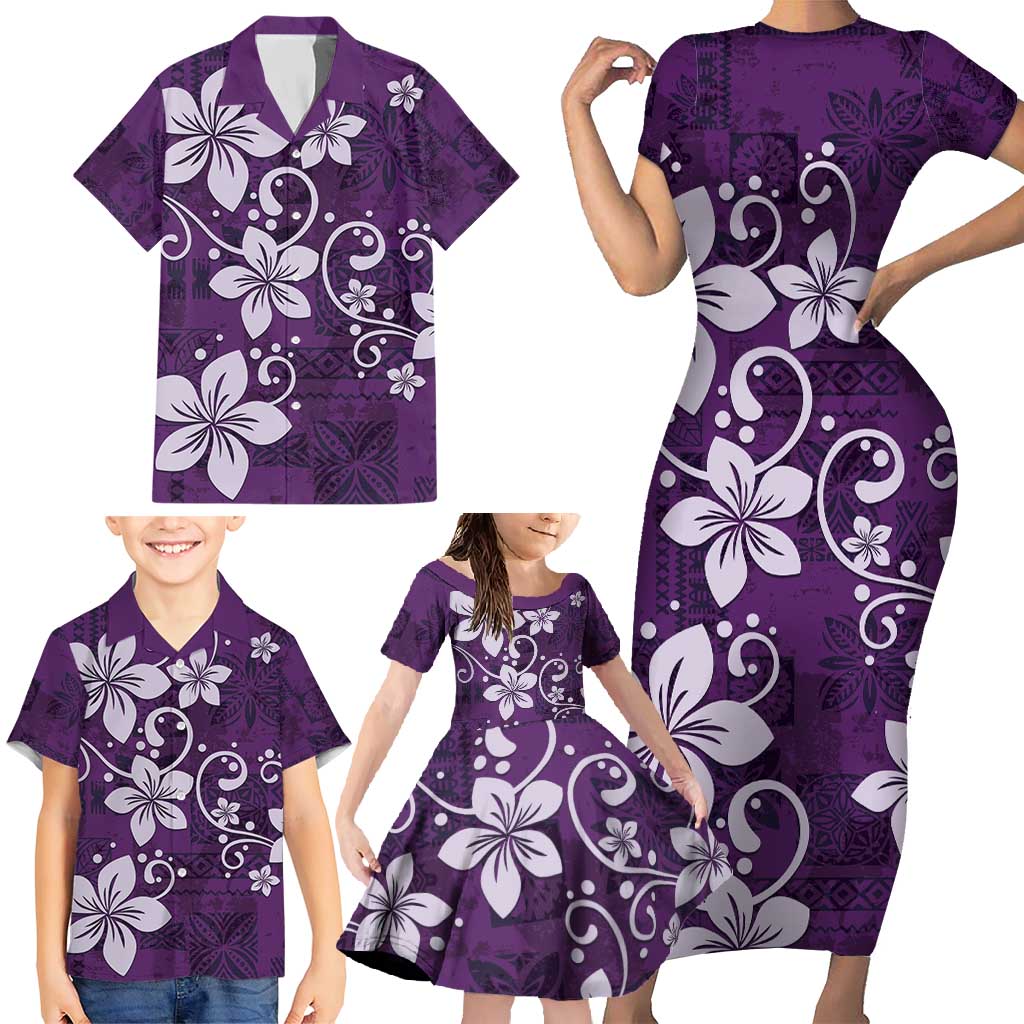 Plumeria Floral Tapa Pattern Amethyst Purple Family Matching Short Sleeve Bodycon Dress and Hawaiian Shirt