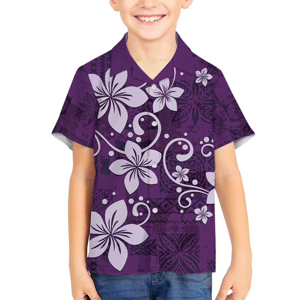 Plumeria Floral Tapa Pattern Amethyst Purple Family Matching Summer Maxi Dress and Hawaiian Shirt