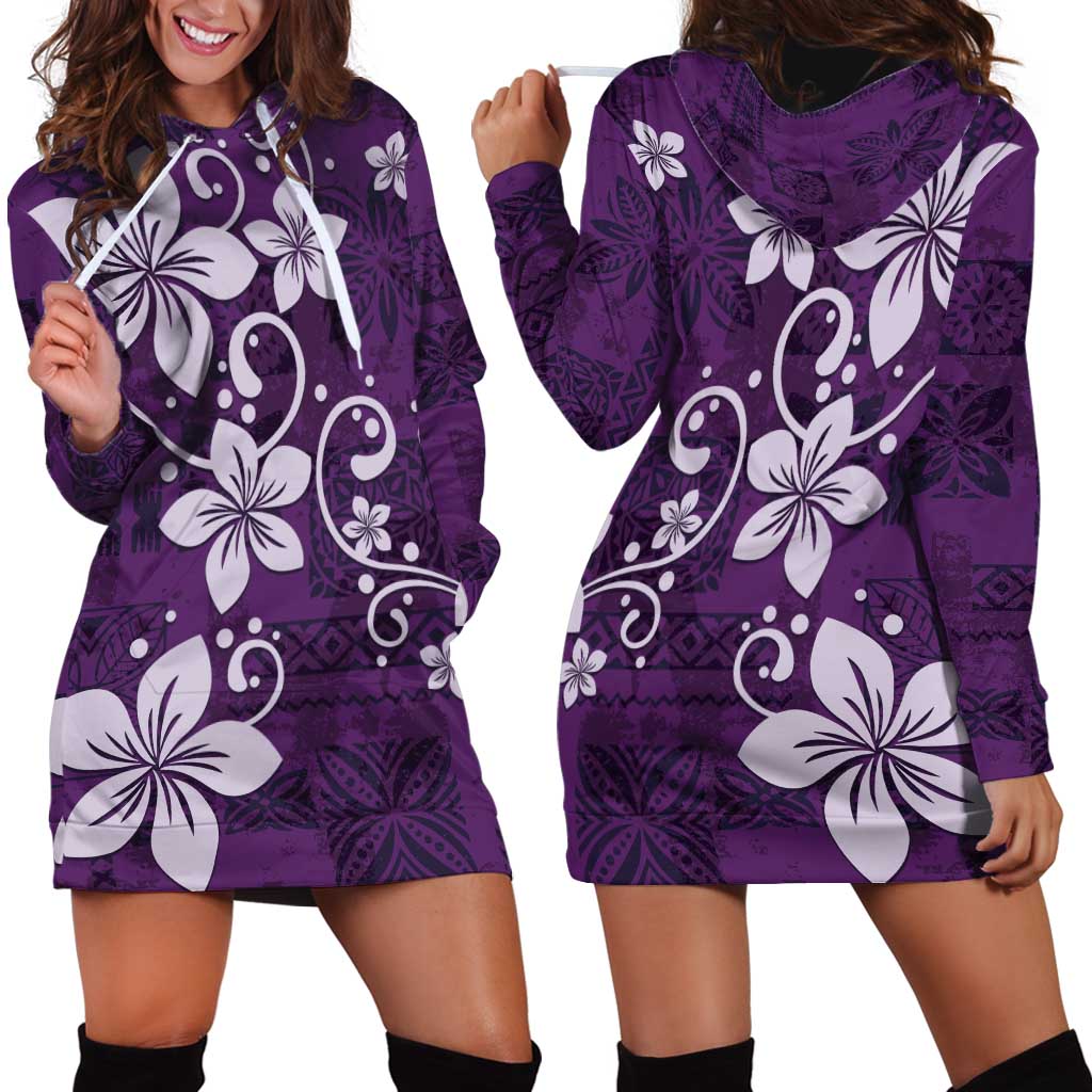 Plumeria Floral Tapa Pattern Amethyst Purple Hoodie Dress LT01 - Polynesian Pride