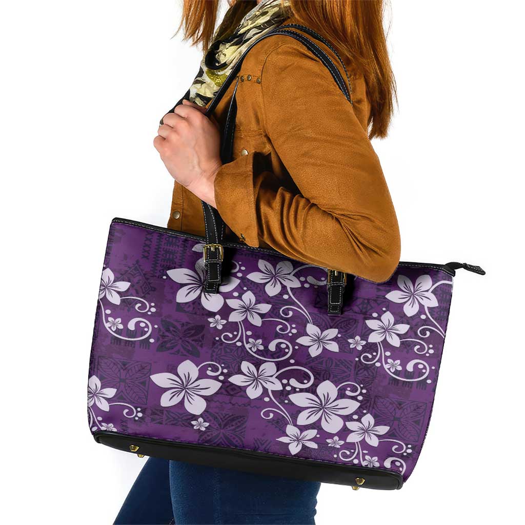 Plumeria Floral Tapa Pattern Amethyst Purple Leather Tote Bag LT01 Purple - Polynesian Pride