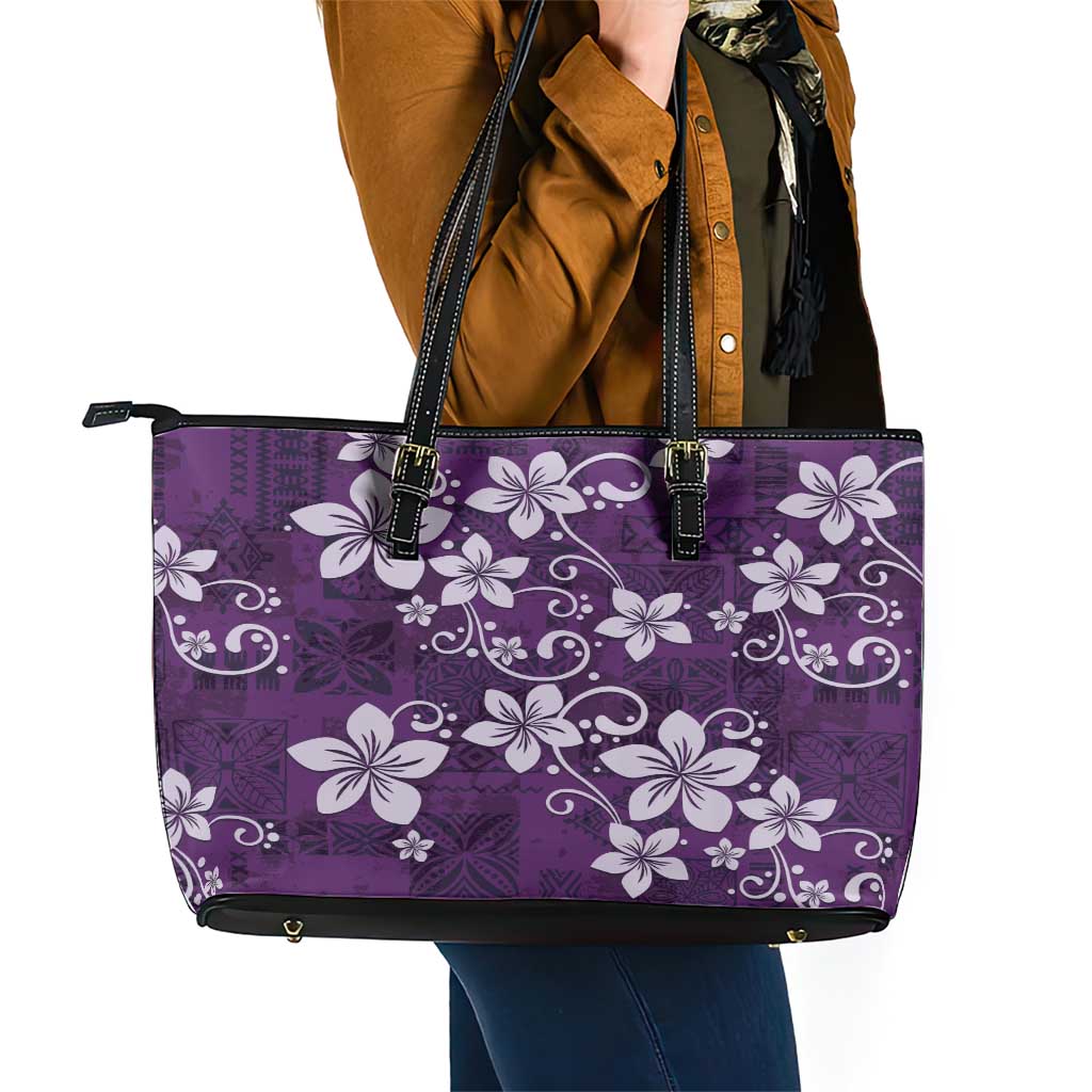 Plumeria Floral Tapa Pattern Amethyst Purple Leather Tote Bag LT01 - Polynesian Pride