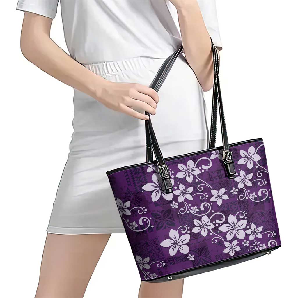 Plumeria Floral Tapa Pattern Amethyst Purple Leather Tote Bag LT01 - Polynesian Pride