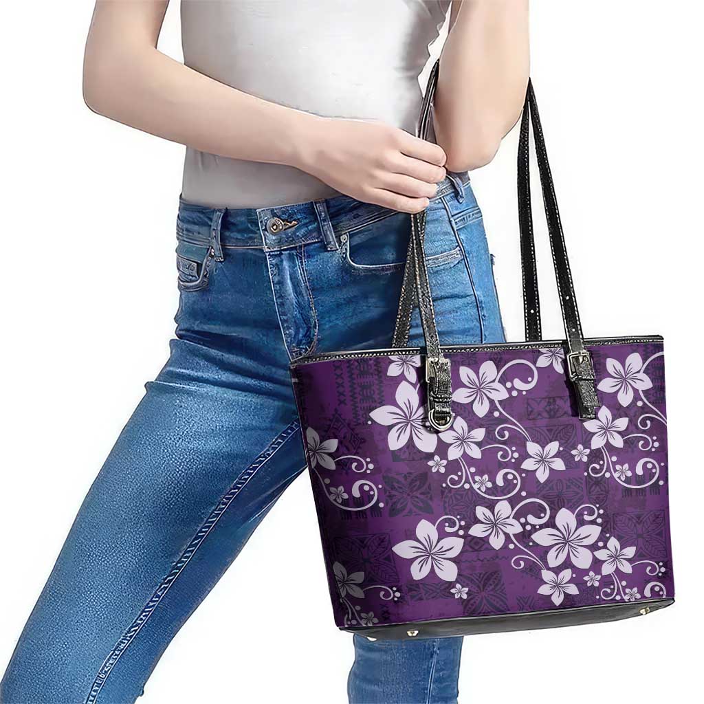 Plumeria Floral Tapa Pattern Amethyst Purple Leather Tote Bag LT01 - Polynesian Pride
