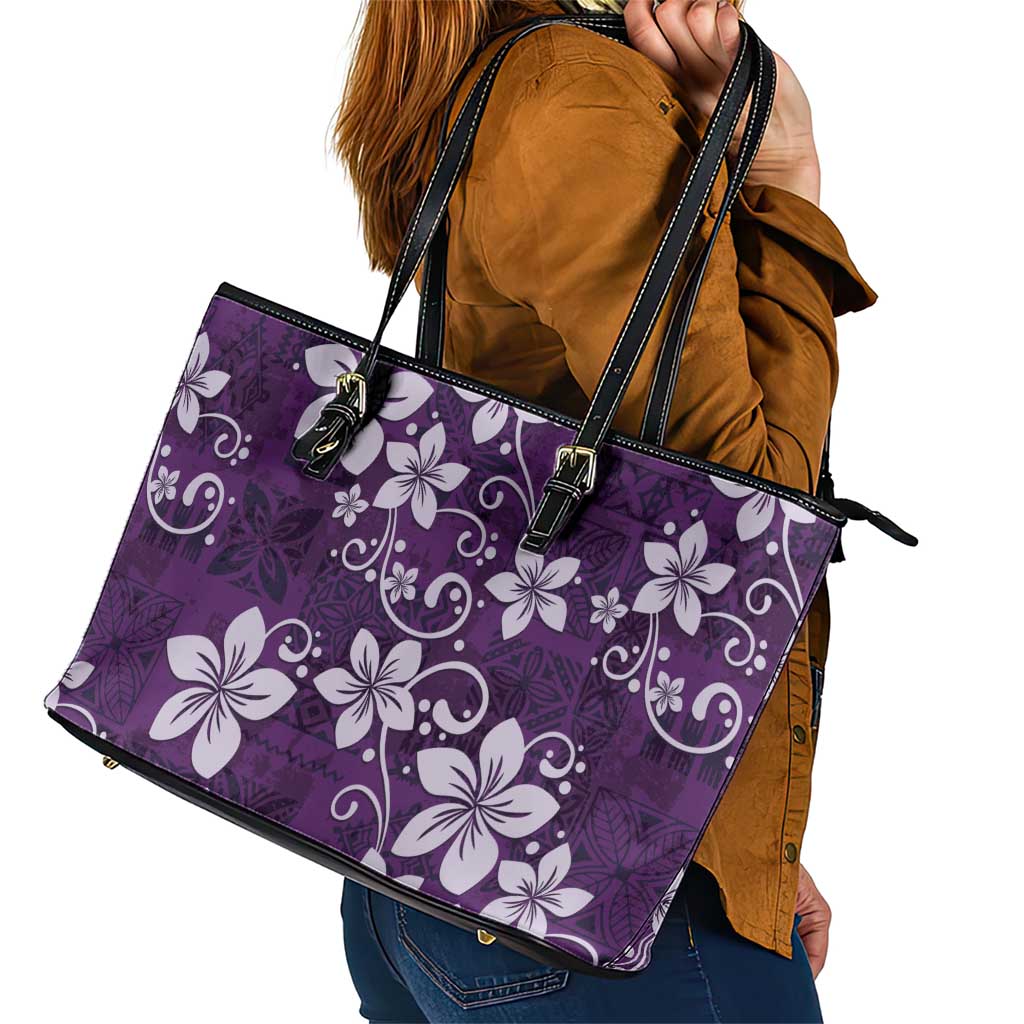 Plumeria Floral Tapa Pattern Amethyst Purple Leather Tote Bag LT01 - Polynesian Pride