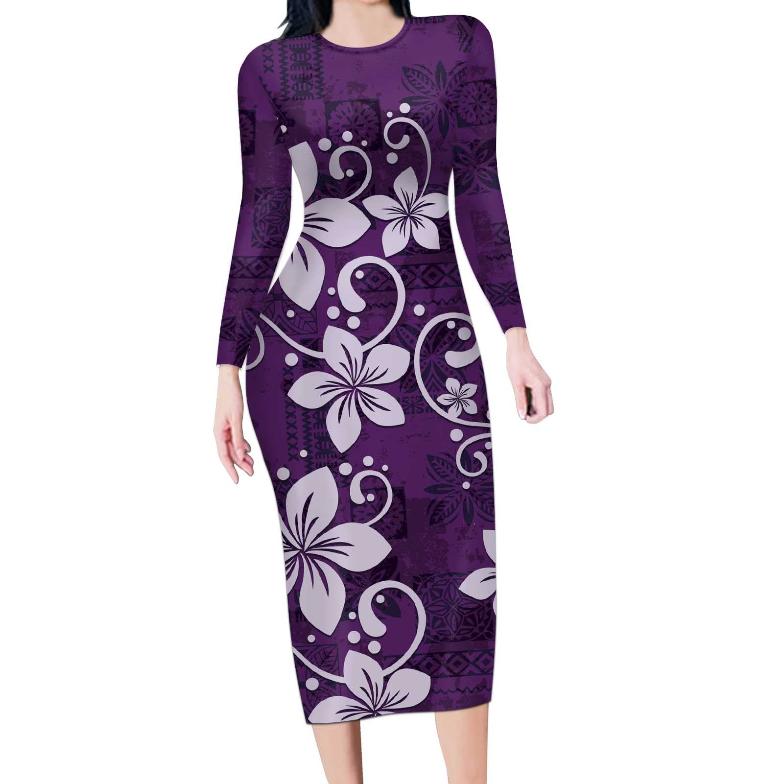 Plumeria Floral Tapa Pattern Amethyst Purple Long Sleeve Bodycon Dress