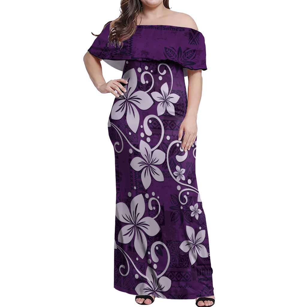 Plumeria Floral Tapa Pattern Amethyst Purple Off Shoulder Maxi Dress LT01 Women Purple - Polynesian Pride