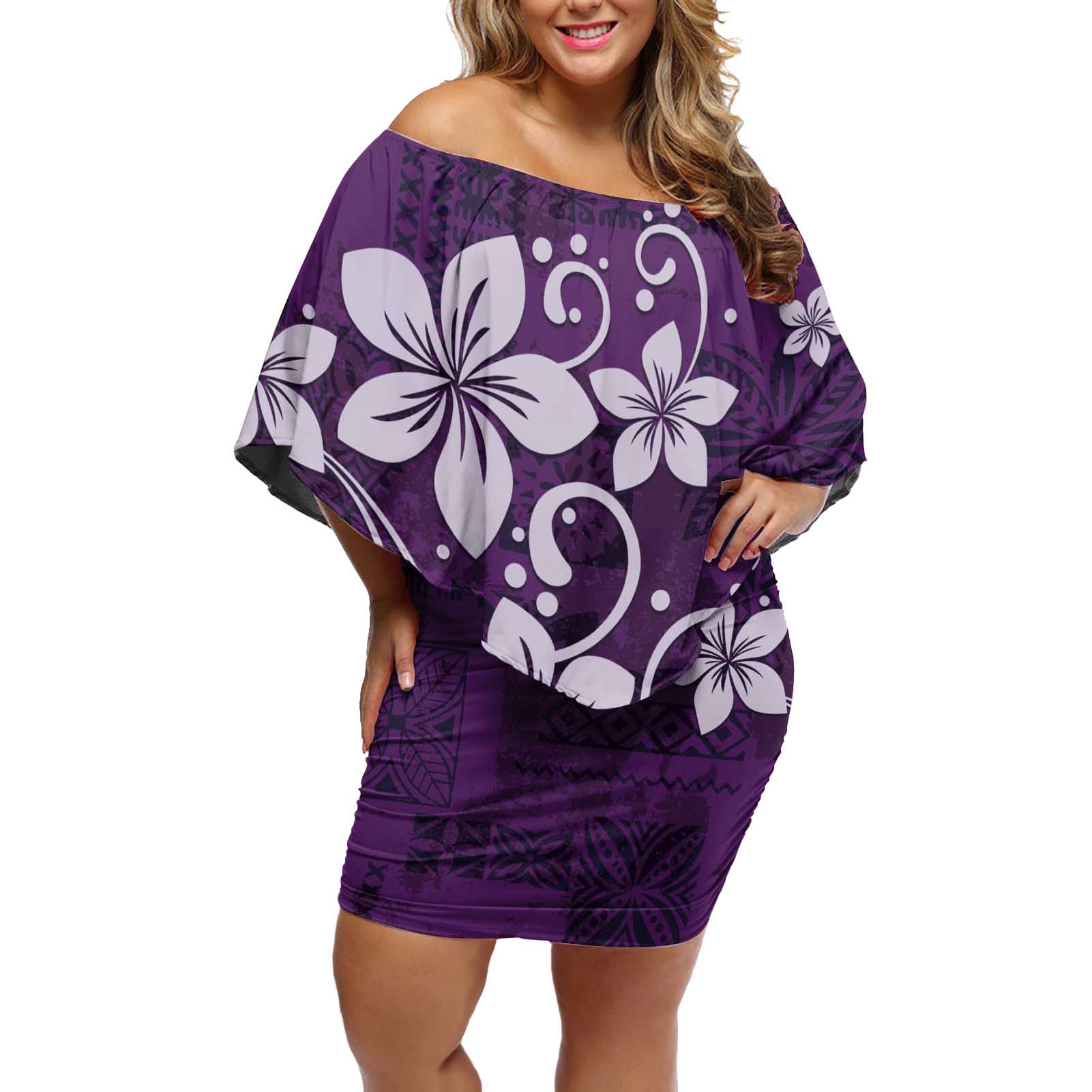 Plumeria Floral Tapa Pattern Amethyst Purple Off Shoulder Short Dress