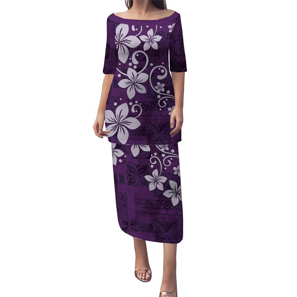 Plumeria Floral Tapa Pattern Amethyst Purple Puletasi LT01 Long Dress Purple - Polynesian Pride