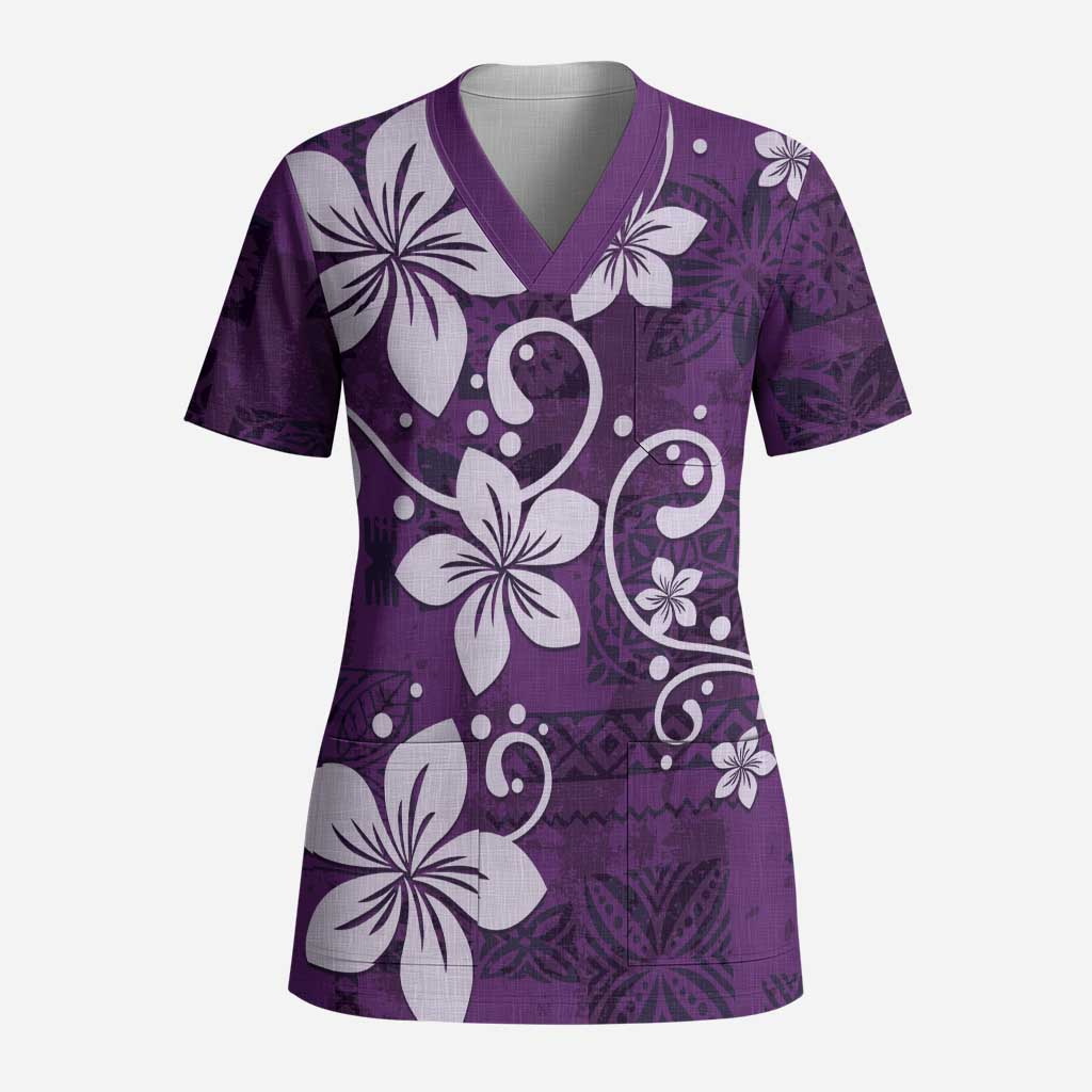 Plumeria Floral Tapa Pattern Amethyst Purple Scrub Top LT01 Adult Purple - Polynesian Pride