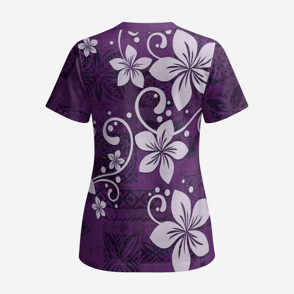 Plumeria Floral Tapa Pattern Amethyst Purple Scrub Top LT01 - Polynesian Pride