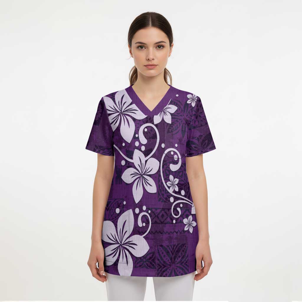 Plumeria Floral Tapa Pattern Amethyst Purple Scrub Top LT01 - Polynesian Pride