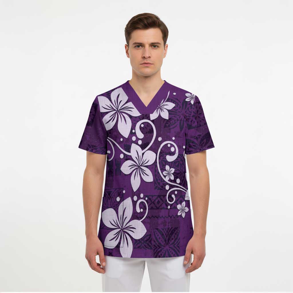 Plumeria Floral Tapa Pattern Amethyst Purple Scrub Top LT01 - Polynesian Pride