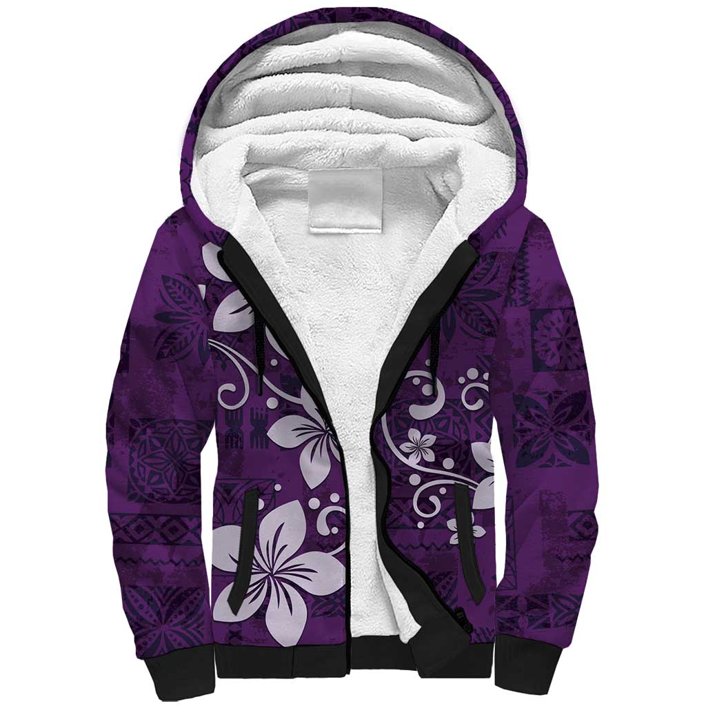 Plumeria Floral Tapa Pattern Amethyst Purple Sherpa Hoodie LT01 Unisex Purple - Polynesian Pride