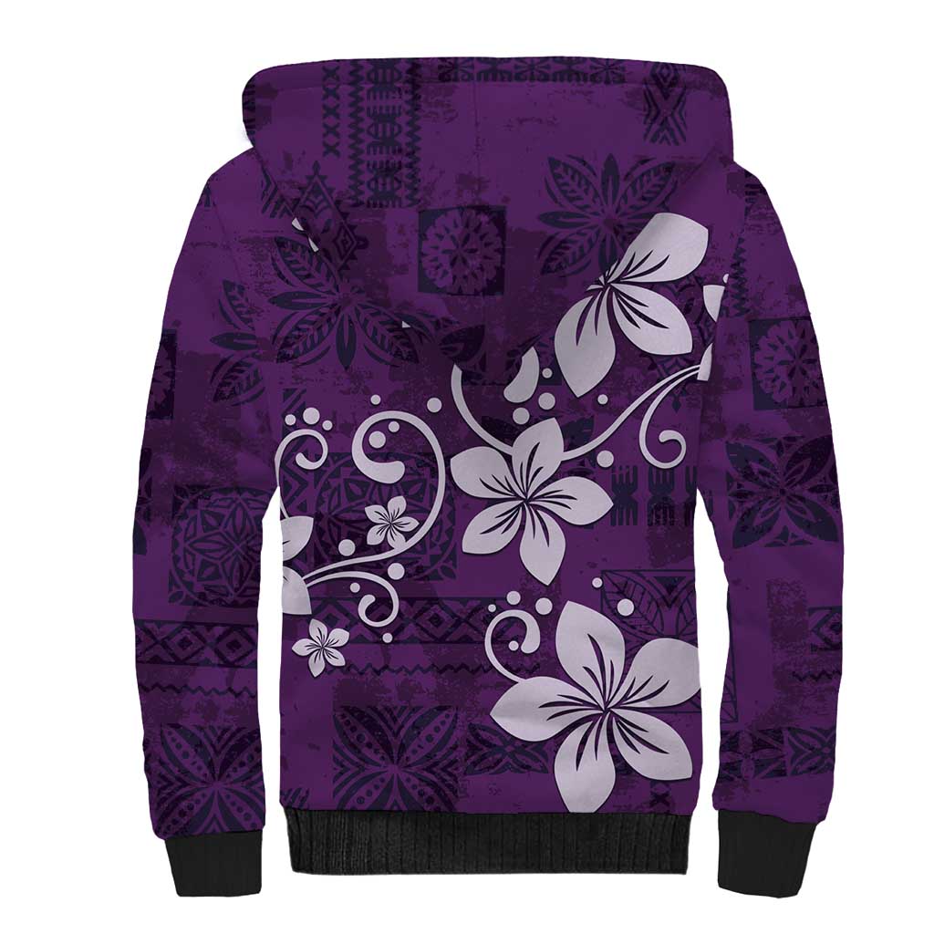 Plumeria Floral Tapa Pattern Amethyst Purple Sherpa Hoodie LT01 - Polynesian Pride