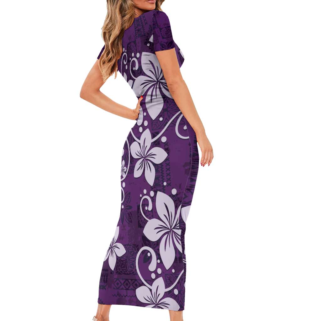 Plumeria Floral Tapa Pattern Amethyst Purple Short Sleeve Bodycon Dress