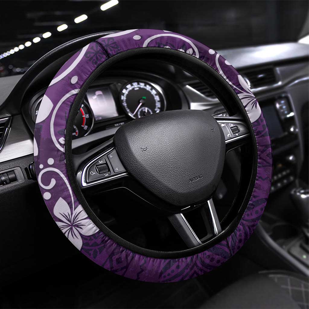 Plumeria Floral Tapa Pattern Amethyst Purple Steering Wheel Cover LT01 Universal Fit Purple - Polynesian Pride
