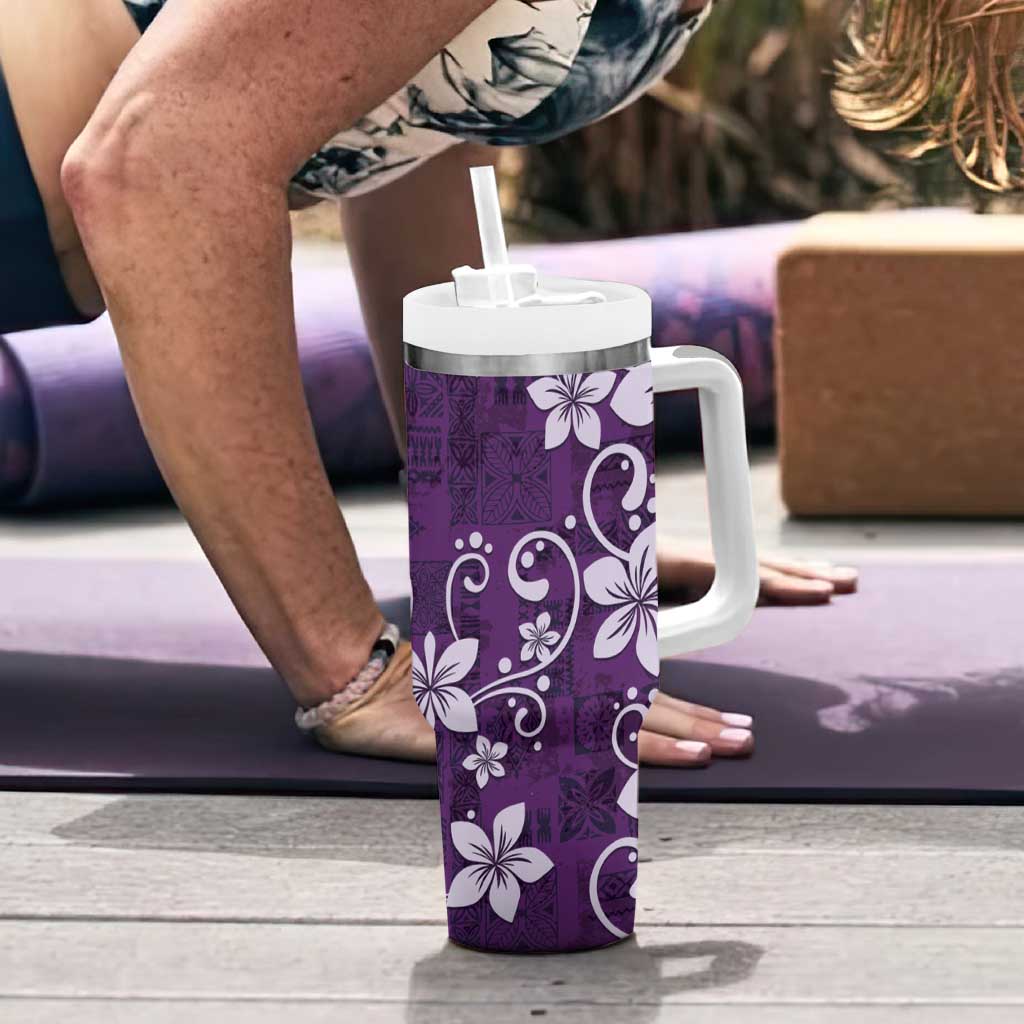 Plumeria Floral Tapa Pattern Amethyst Purple Tumbler With Handle LT01 - Polynesian Pride