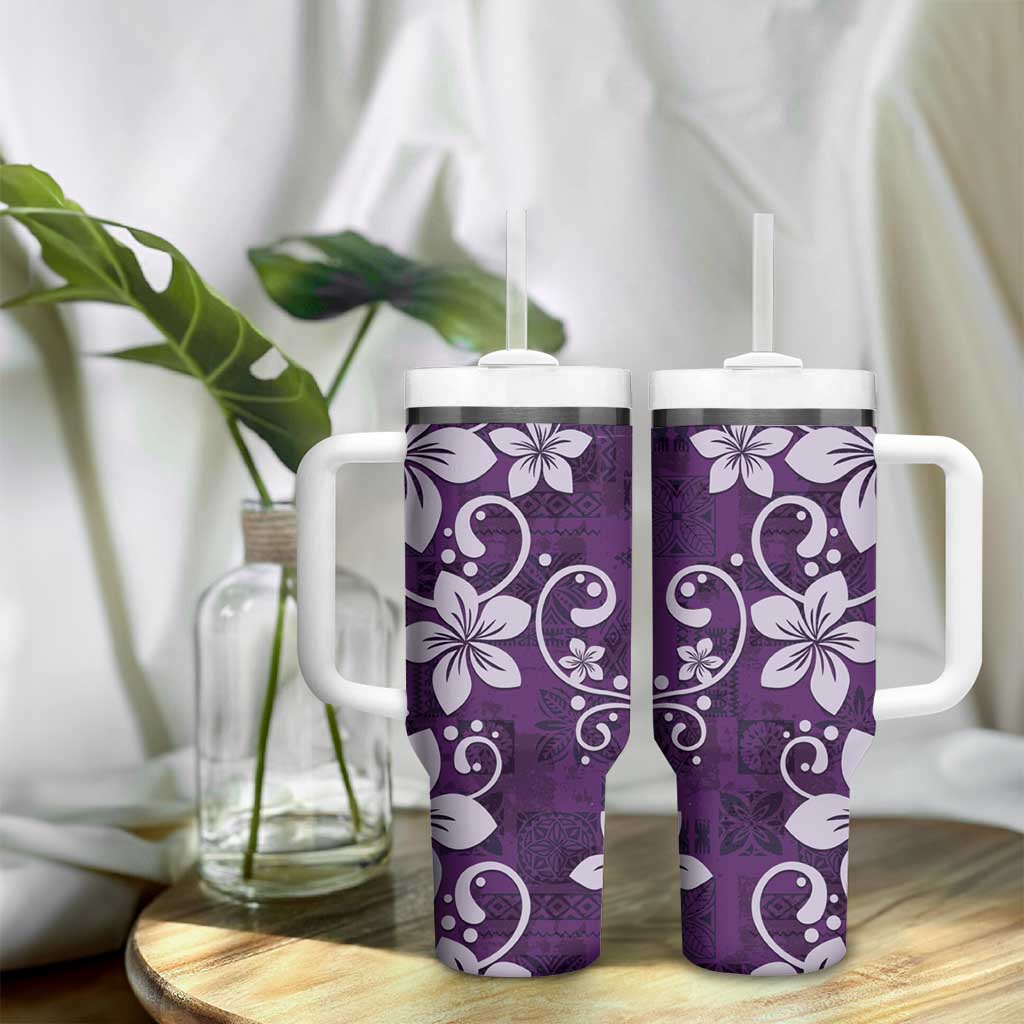 Plumeria Floral Tapa Pattern Amethyst Purple Tumbler With Handle LT01 - Polynesian Pride