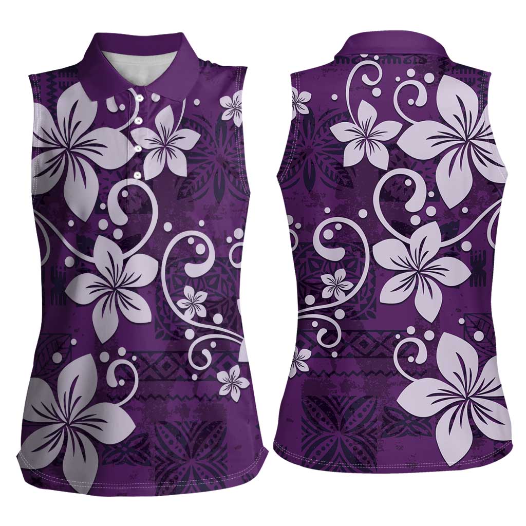 Plumeria Floral Tapa Pattern Amethyst Purple Women Sleeveless Polo Shirt