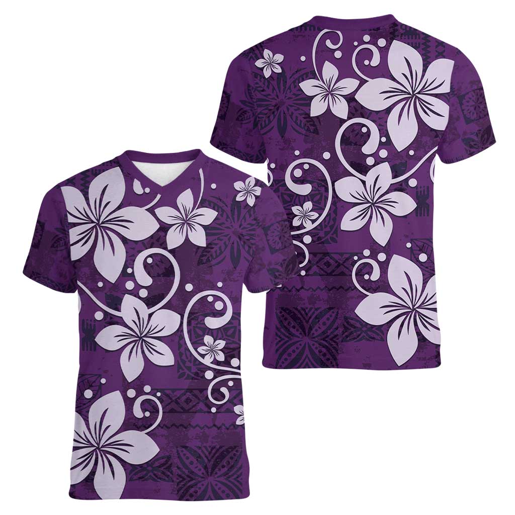 Plumeria Floral Tapa Pattern Amethyst Purple Women V-Neck T-Shirt LT01 - Polynesian Pride