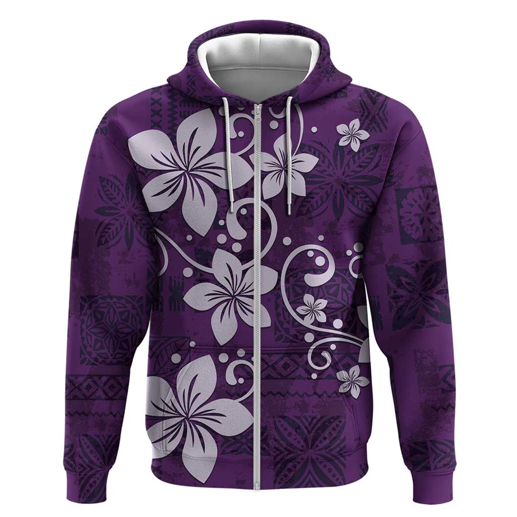 Plumeria Floral Tapa Pattern Amethyst Purple Zip Hoodie