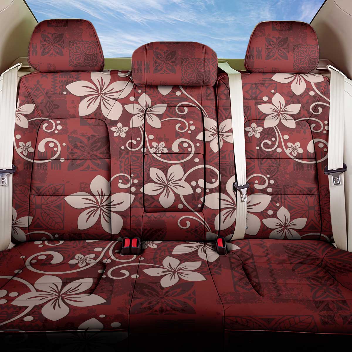 Plumeria Floral Tapa Pattern Oxblood Red Back Car Seat Cover