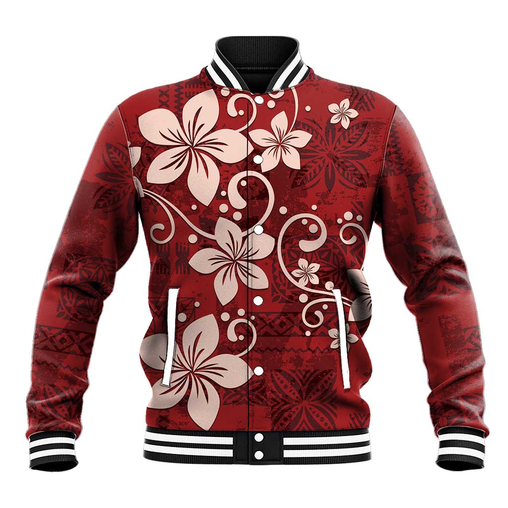Plumeria Floral Tapa Pattern Oxblood Red Baseball Jacket LT01 Unisex Red - Polynesian Pride