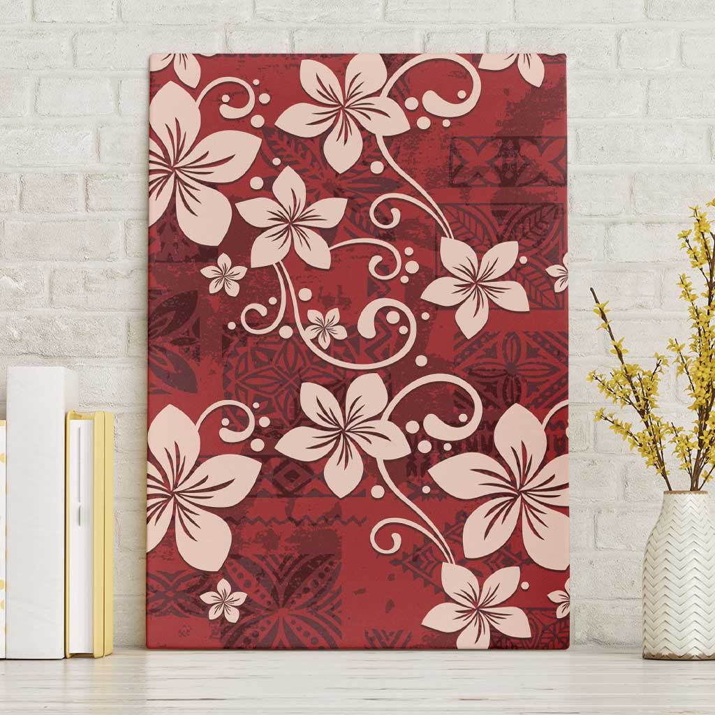 Plumeria Floral Tapa Pattern Oxblood Red Canvas Wall Art