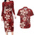 Plumeria Floral Tapa Pattern Oxblood Red Couples Matching Long Sleeve Bodycon Dress and Hawaiian Shirt