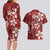 Plumeria Floral Tapa Pattern Oxblood Red Couples Matching Long Sleeve Bodycon Dress and Hawaiian Shirt