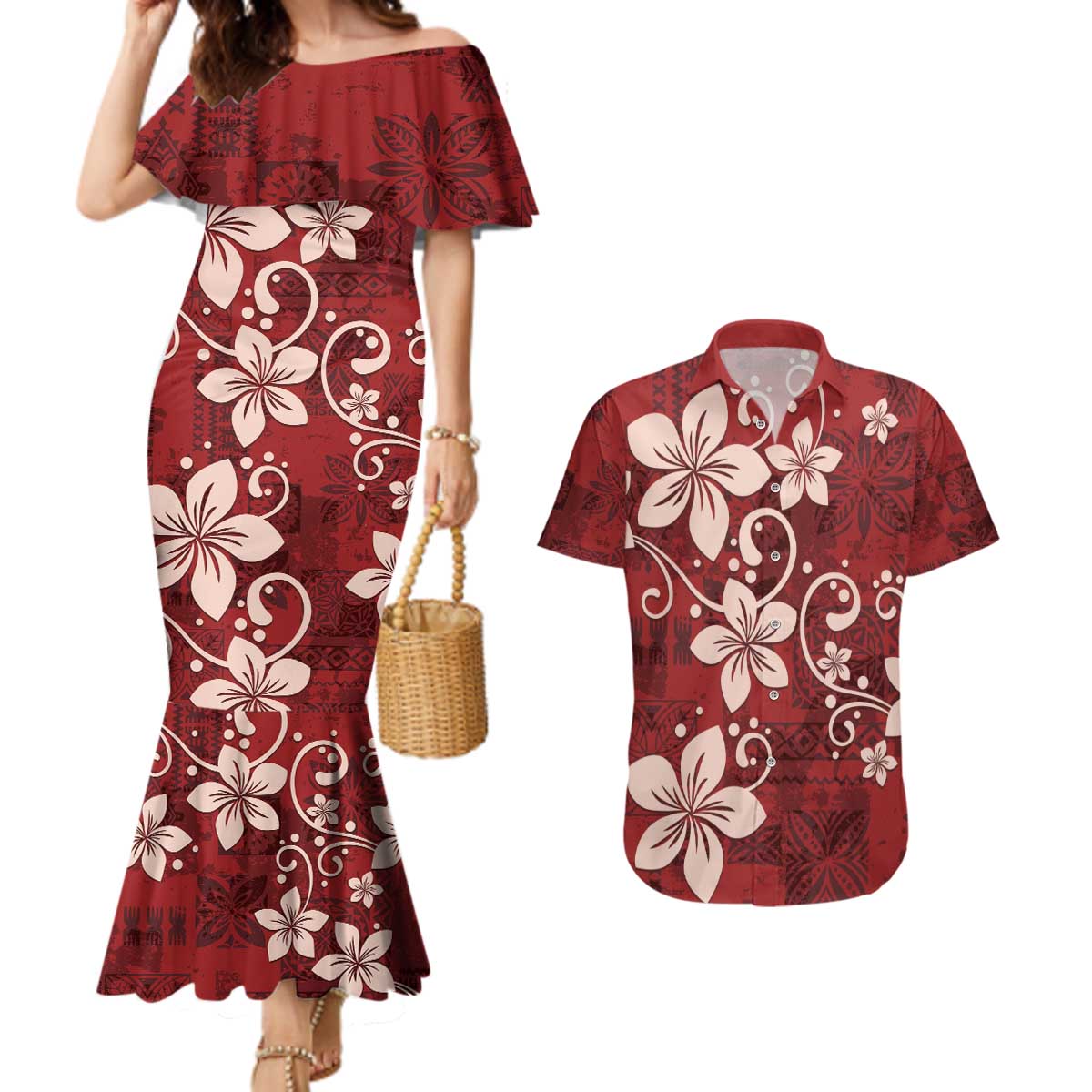 Plumeria Floral Tapa Pattern Oxblood Red Couples Matching Mermaid Dress and Hawaiian Shirt