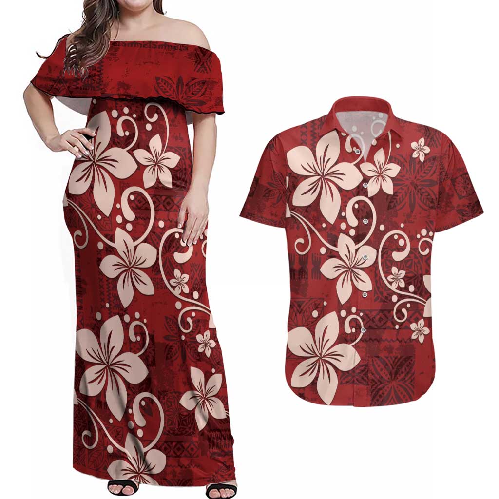 Plumeria Floral Tapa Pattern Oxblood Red Couples Matching Off Shoulder Maxi Dress and Hawaiian Shirt