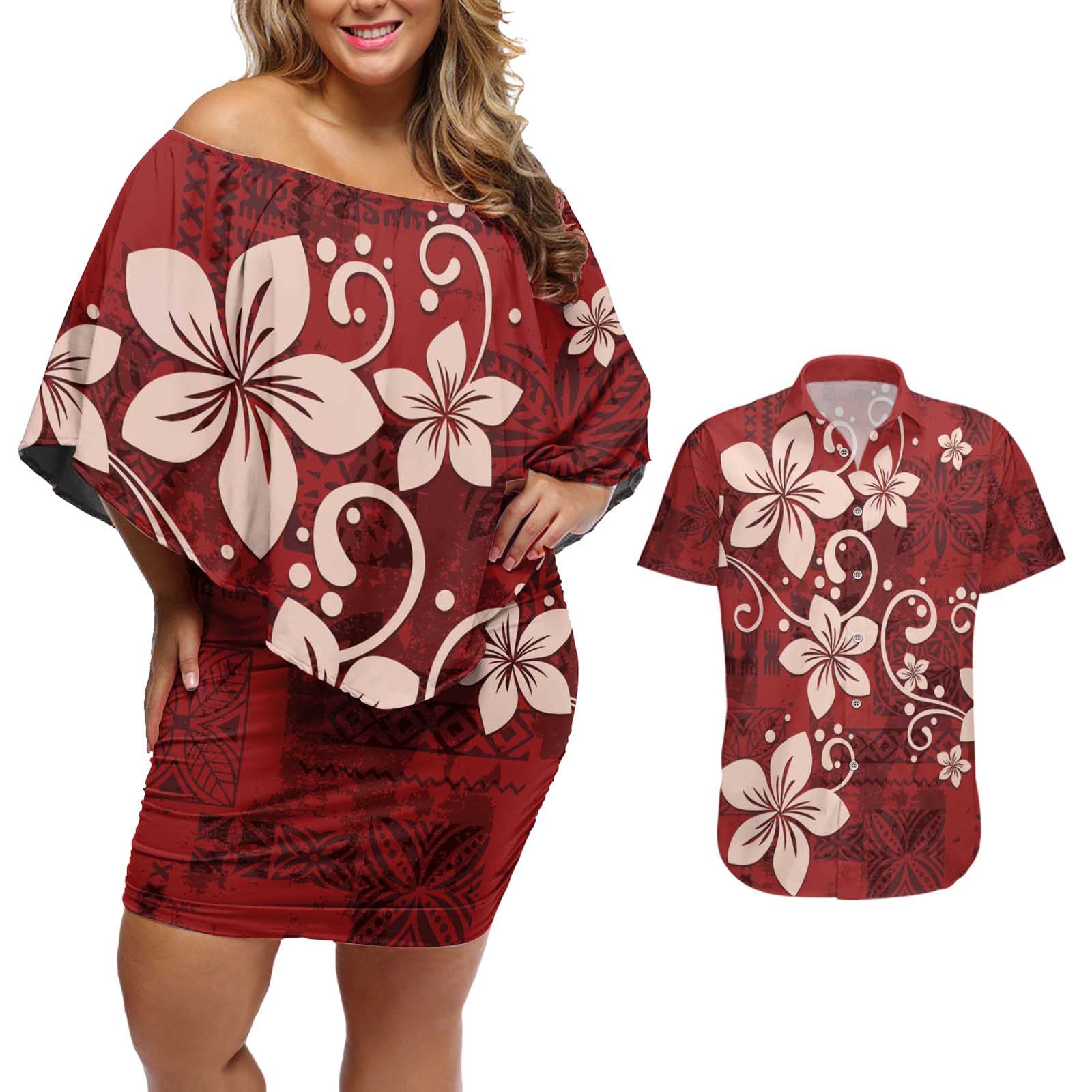 Plumeria Floral Tapa Pattern Oxblood Red Couples Matching Off Shoulder Short Dress and Hawaiian Shirt LT01 Red - Polynesian Pride