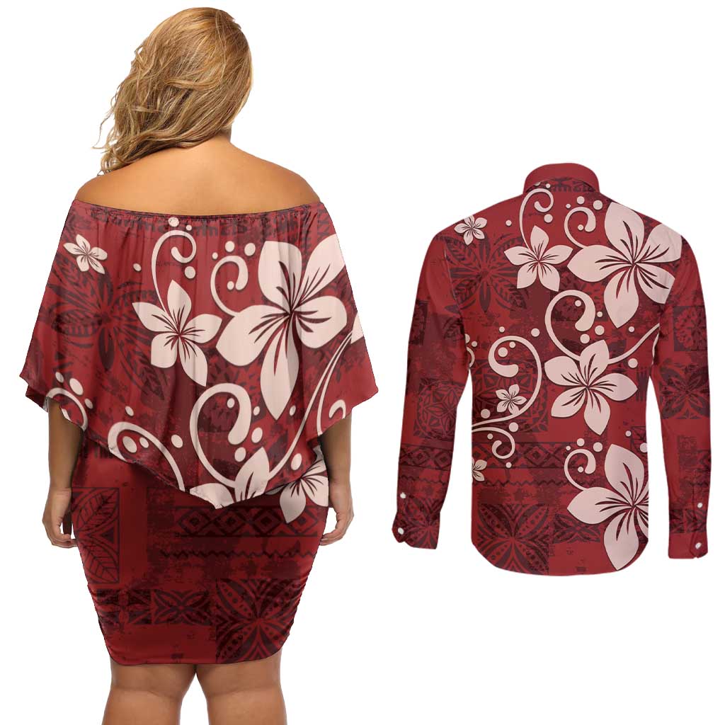 Plumeria Floral Tapa Pattern Oxblood Red Couples Matching Off Shoulder Short Dress and Long Sleeve Button Shirt LT01 - Polynesian Pride