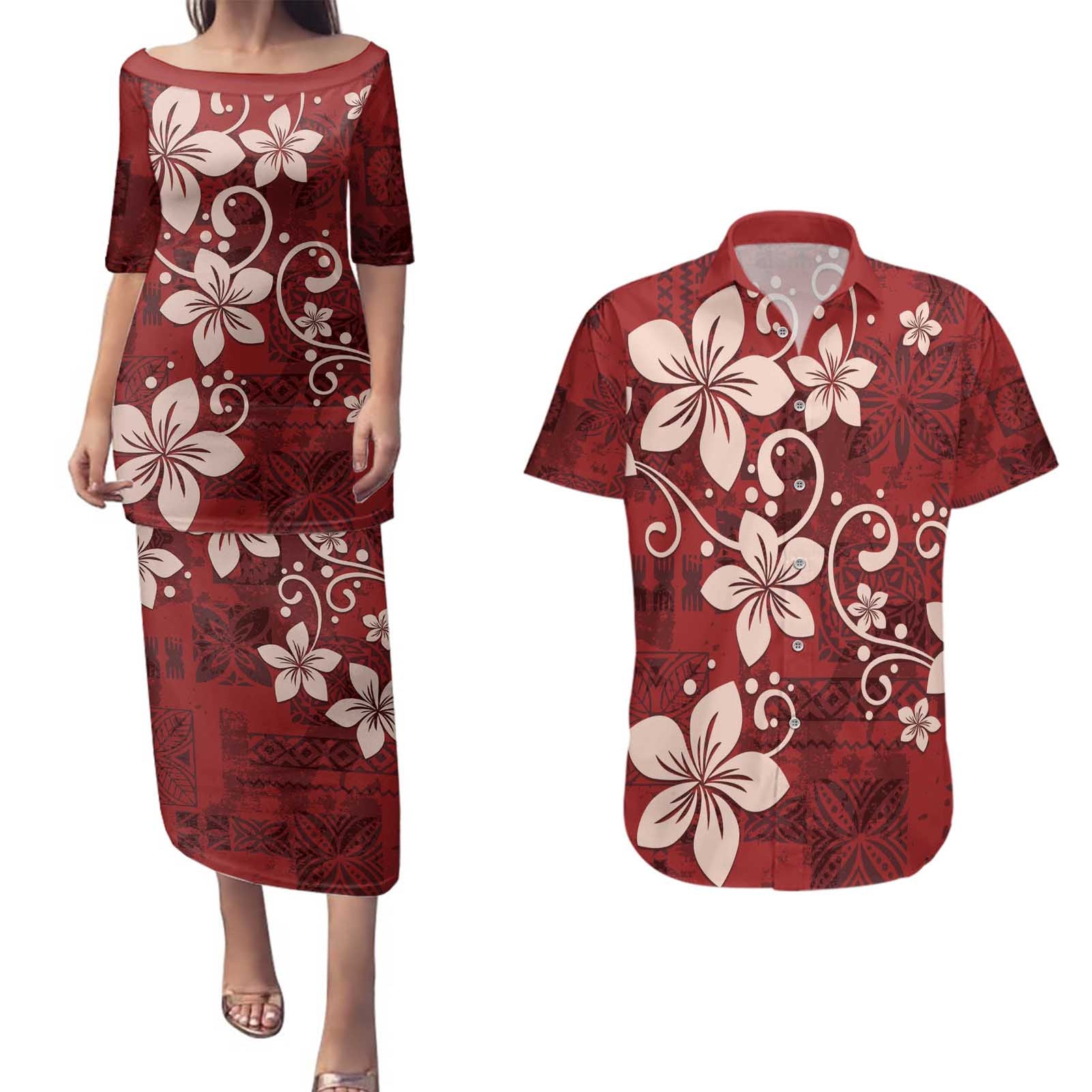 Plumeria Floral Tapa Pattern Oxblood Red Couples Matching Puletasi and Hawaiian Shirt LT01 Red - Polynesian Pride