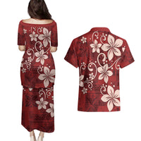 Plumeria Floral Tapa Pattern Oxblood Red Couples Matching Puletasi and Hawaiian Shirt LT01 - Polynesian Pride