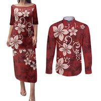 Plumeria Floral Tapa Pattern Oxblood Red Couples Matching Puletasi and Long Sleeve Button Shirt LT01 Red - Polynesian Pride
